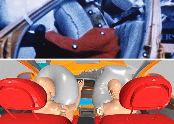 <b>Passado, futuro: acima, teste do 1º airbag; abaixo, airbags acionados por computador</b> - Reprodução