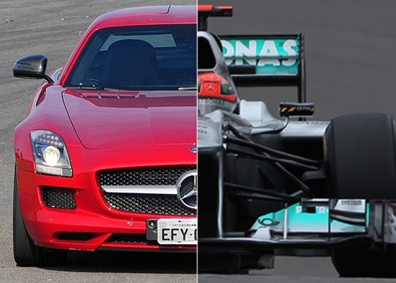 Intercâmbio: o SLS AMG (à esquerda) custa dez vezes menos, mas influencia o MGP W02, carro de Fórmula 1 da Mercedes Grand Prix, quase tanto quanto é influenciado por ele - Arte UOL Carros sobre Murilo Góes/UOL e Divulgação